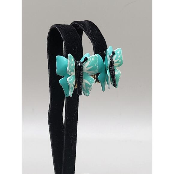 Vintage Turquoise Enamel Butterfly Clip On Earrings 1950s - Picture 6 of 9